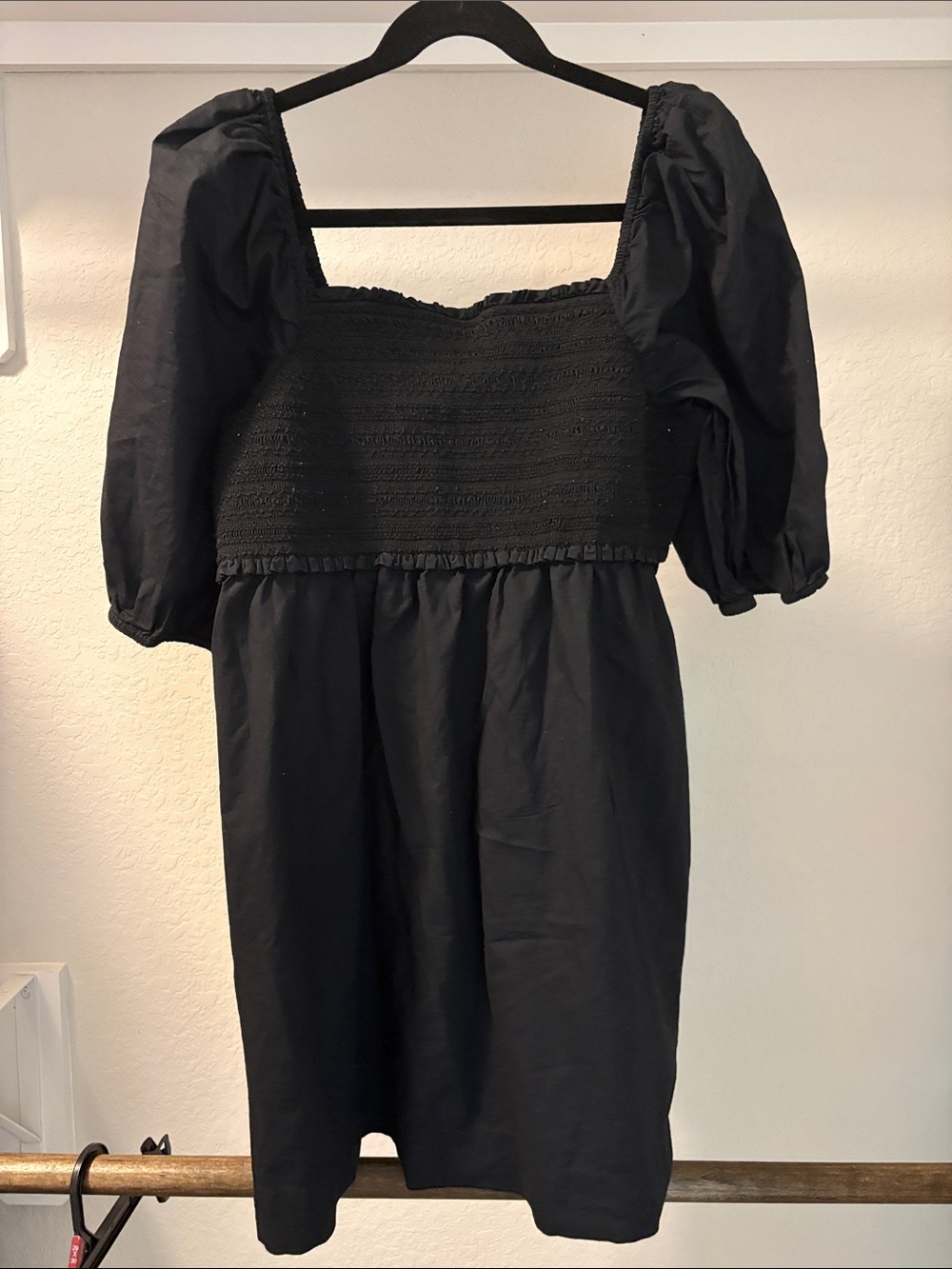 American Eagle Outfitters Black Smocked Puff-Sleeve Midi Dress